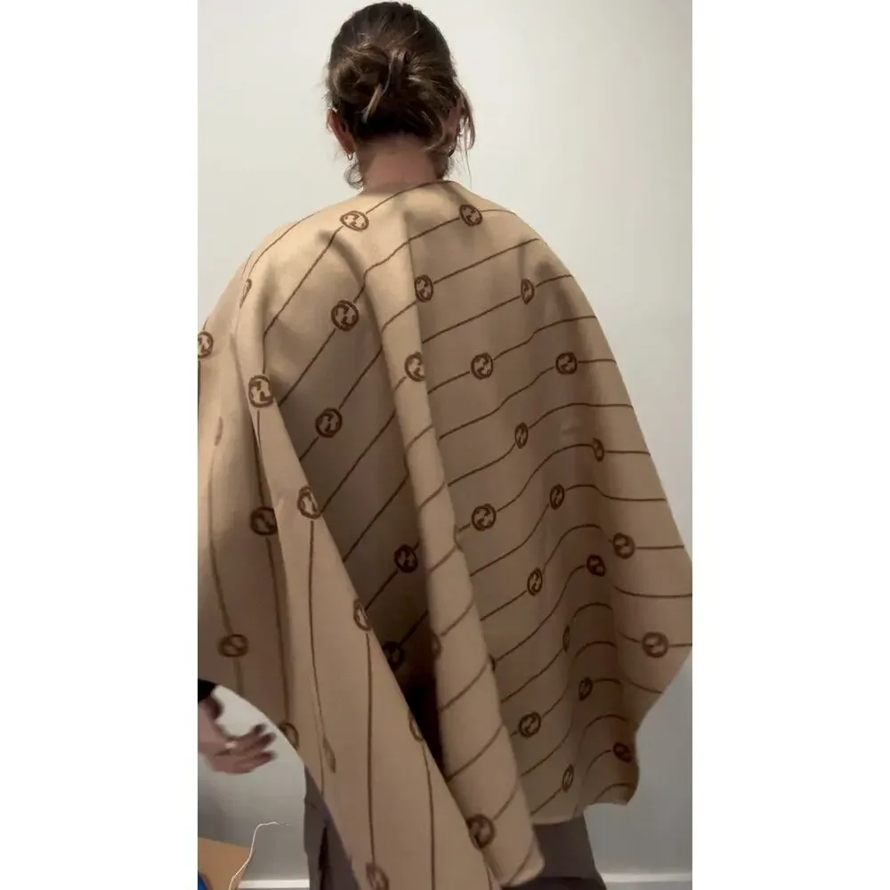 Gucci Interlocking G Striped Wool Poncho Cape Shawl Wrap – Brown Logo